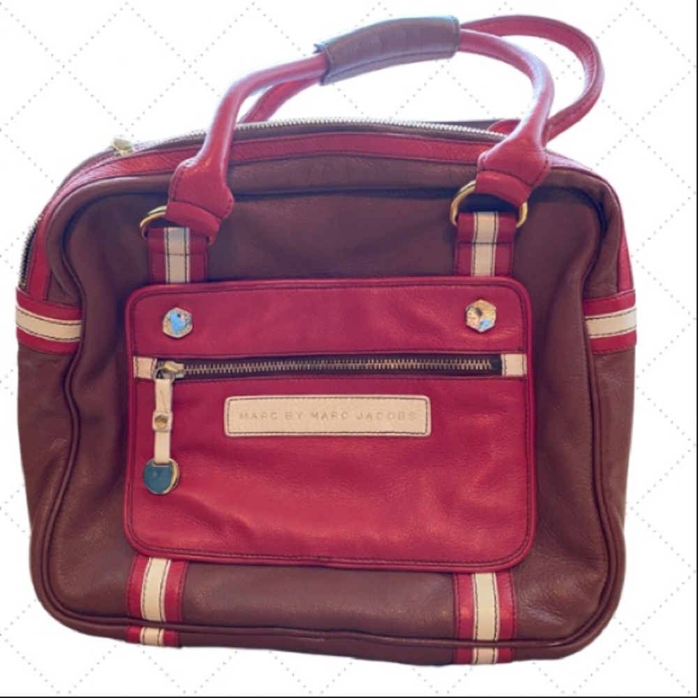 Marc Jacobs leather handbag purse | tri-colored (brown/red/white)leather handbag